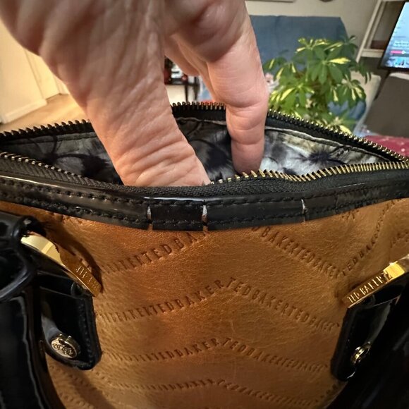 Ted Baker Tan Leather Satchel Bag/Purse Patent Handles All Over Logo - Picture 8 of 12
